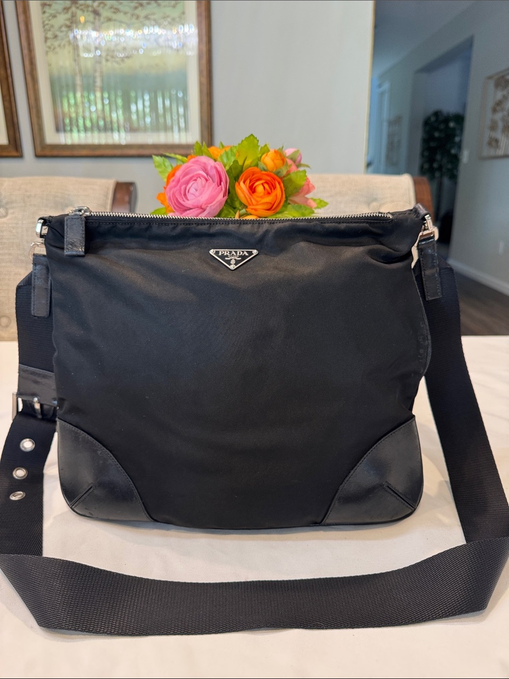 Authentic Prada Black Nylon Messenger Crossbody with Webbing Strap